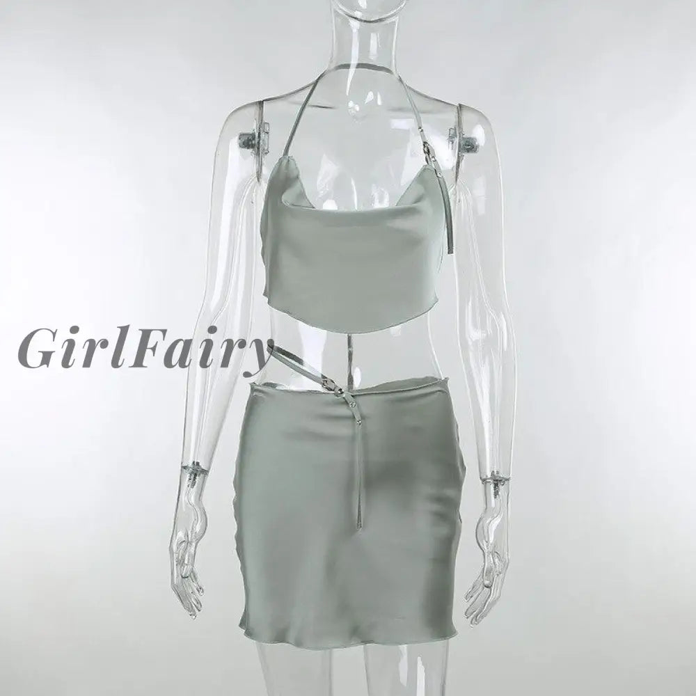 Girlfairy Two Piece Set Women Sexy Halter Backless Cowl Crop Top+Belt Skirts Outfits Satin Skinny
