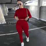Girlfairy Two Piece Sets Women Solid Autumn Tracksuits High Waist Stretchy Sportswear Hot Crop Tops