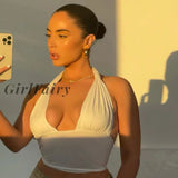 Girlfairy Two Pieces Set Womens Summer Beach Holiday Fashion White Cropped Sexy Wrapped Halter Neck