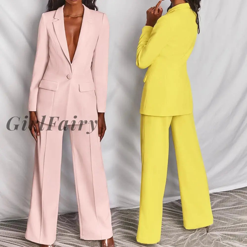Girlfairy Two-Pieces Women Blazer Suit Sexy Elegant Woman Jacket And Trousers Female Pink Yellow