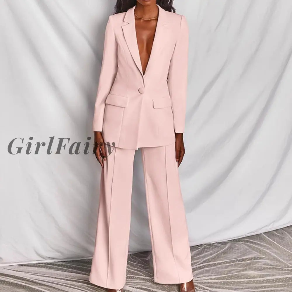 Girlfairy Two-Pieces Women Blazer Suit Sexy Elegant Woman Jacket And Trousers Female Pink Yellow