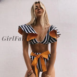 Girlfairy Two-Pieces Women Floral 2023 Push-Up Padded Bra Ruffles Bandage Bikini Set Swimsuit