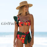 Girlfairy Two-Pieces Women Floral 2023 Push-Up Padded Bra Ruffles Bandage Bikini Set Swimsuit