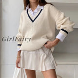 Girlfairy V Neck Loose Women Sweaters Long Sleeve Pull Femme Oversized Jumper Winter Casual Korean Knitted Sweater Pullover Woman