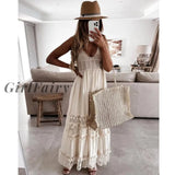 Girlfairy V-Neck Sleeveless Beach Dresses For Women Bohemian Patchwork Lace Tassel A-Line Long Dress