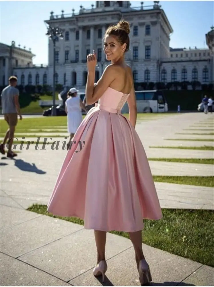 Girlfairy Vestido De Festa Strapless A-Line Sweetheart Bow Belted Marvelous Prom Dresses Tea Length