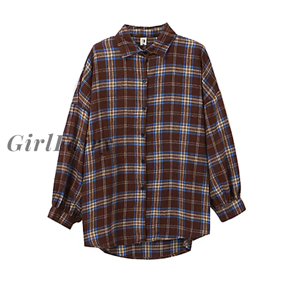 Girlfairy Vinatge Plaid Loose Women Shirts Blouse Classic Long Sleeve Korean Harajuku Streetwear