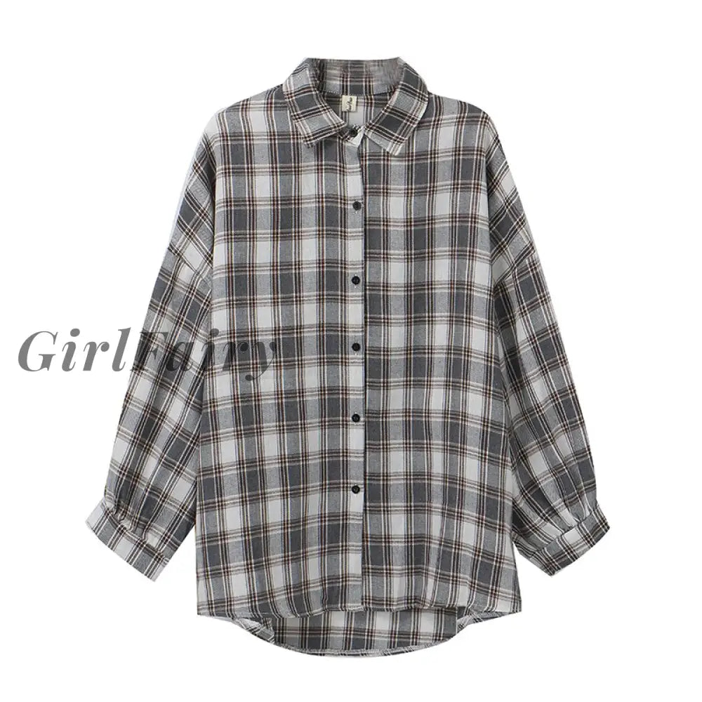 Girlfairy Vinatge Plaid Loose Women Shirts Blouse Classic Long Sleeve Korean Harajuku Streetwear