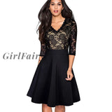 Girlfairy Vintage Black Flower Elegant Lace Ruffle Vestidos See Through Sleeve A-Line Pinup Business