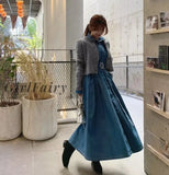 Girlfairy Vintage Dress Chic Maxi Long Denim Autumn Winter Single-Breasted Belted Female Jeans Loose