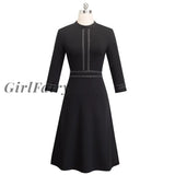 Girlfairy Vintage Elegant Patchwork Round Neck Pinup Female Vestidos Business Party Flare A-Line
