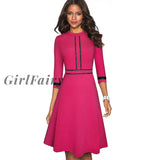 Girlfairy Vintage Elegant Patchwork Round Neck Pinup Female Vestidos Business Party Flare A-Line
