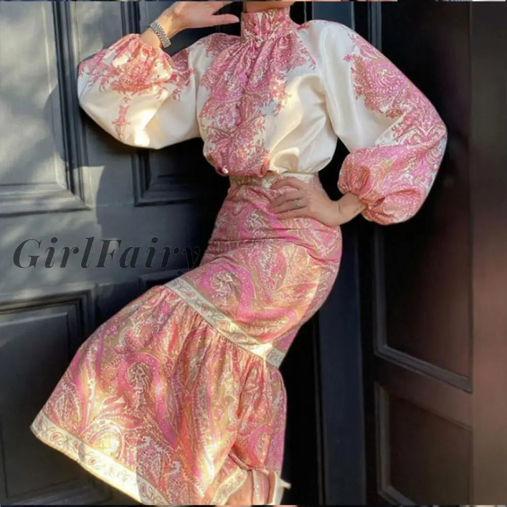 Girlfairy Vintage Floral Printing Slim Women Party Dress Autumm Elegant Long Lantern Sleeve Ladies