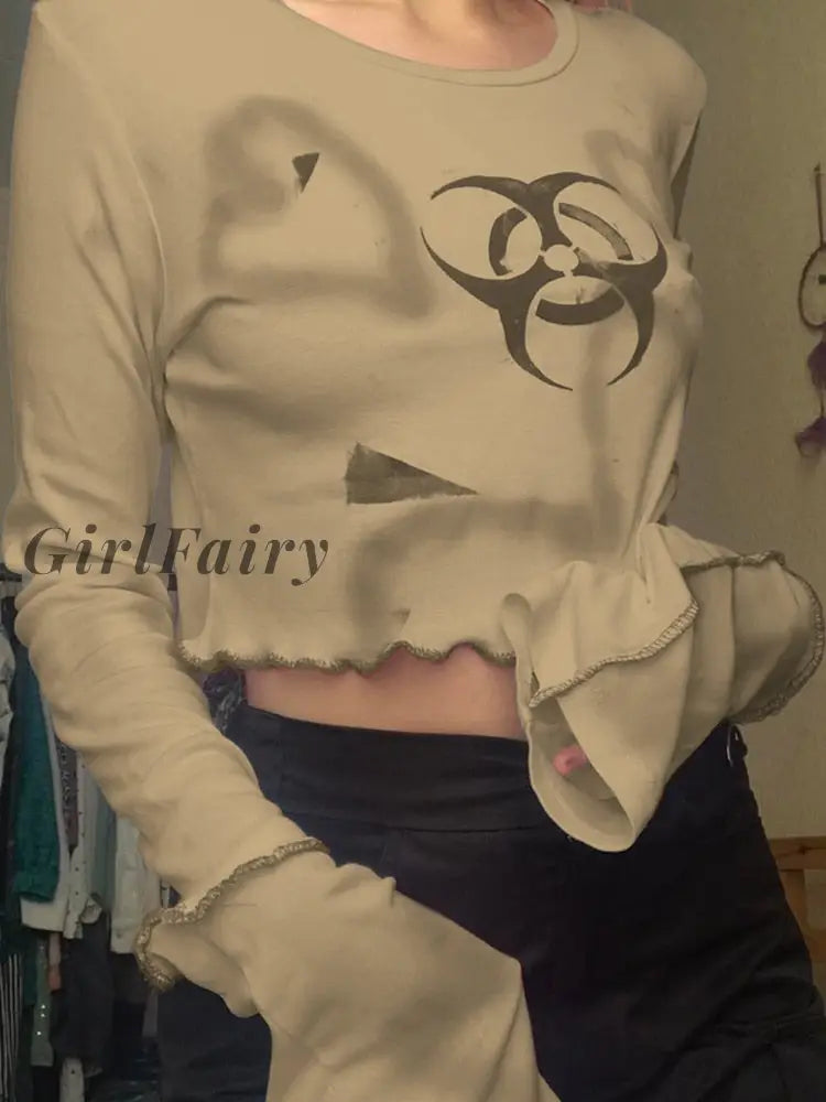 Girlfairy Vintage Grunge Fairycore Graprint Tee Shirts Print Stitch Long Sleeve T Shirt Autumn Frill