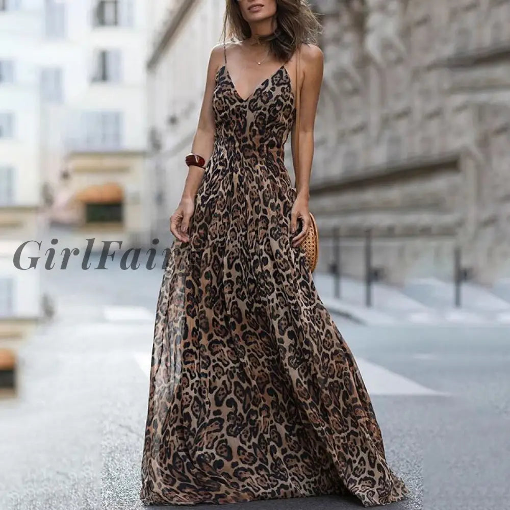 Girlfairy Vintage Leopard Print Long Women Dress Sexy V-Neck Spaghetti Strap Floor-Length Maxi