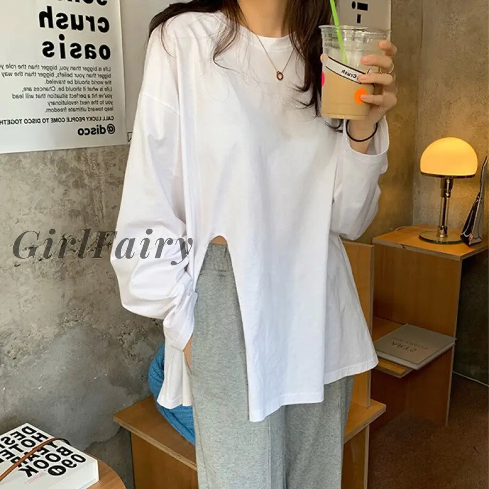 Girlfairy Vintage Long Sleeve Women T-Shirt Casual Black White Open Side Basic Korean Oversized Tee