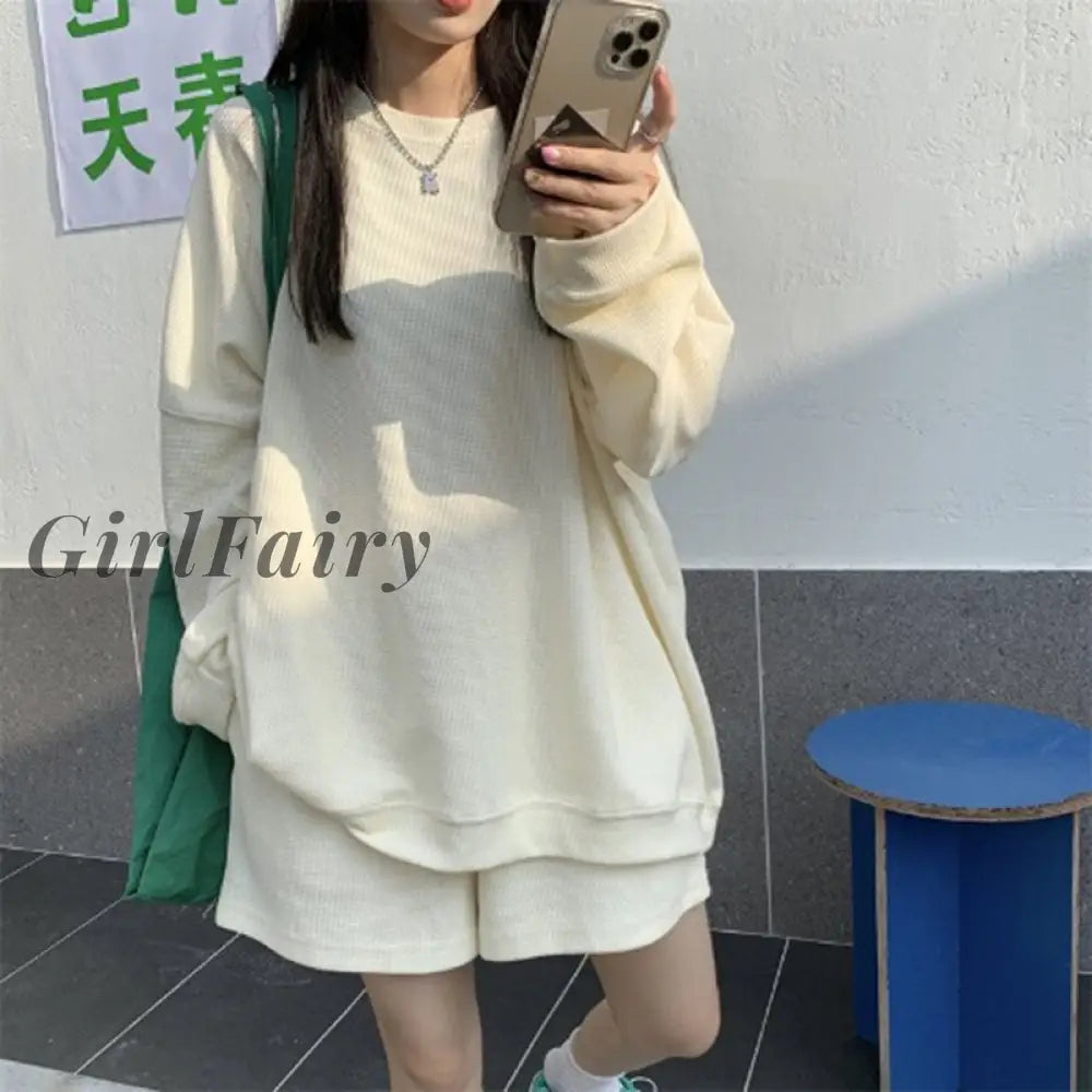 Girlfairy Vintage Oversized Sweatshirt Casual Loose O-Neck Long Sleeve Korean Harajuku Hoodie