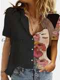 Girlfairy Vintage Portrait Print Long Sleeve Blouse Women 2023 Spring Summer Button Plus Size Cotton
