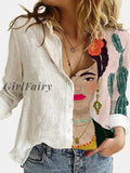 Girlfairy Vintage Portrait Print Long Sleeve Blouse Women 2023 Spring Summer Button Plus Size Cotton