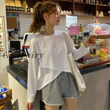 Girlfairy Vintage Women T-Shirt Casual Loose Irregular Pacthwork Long Sleeve Tee Harajuku Streetwear