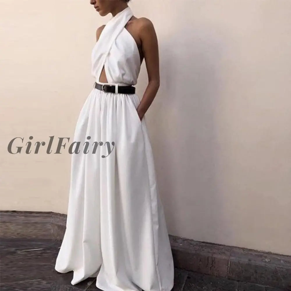Girlfairy White Jumpsuit Women Bodysuit Sexy Backless Long Pants Evening Party Club