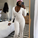 Girlfairy White Jumpsuits For Women Zipper V Neck Long Sleeve Bodycon One Piece Outfits Fall Winter
