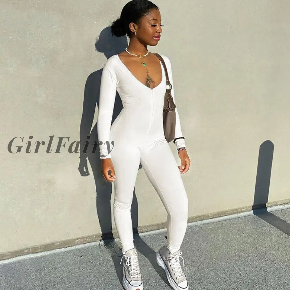 Girlfairy White Jumpsuits For Women Zipper V Neck Long Sleeve Bodycon One Piece Outfits Fall Winter