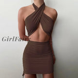 Girlfairy White Ruched Bodycon Dress Women Drawstring Hollow Out Party Mini Dresses Halter Cross