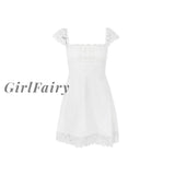 Girlfairy White Short Seleeve Lace Dress Women Satin Square Neck A Line Holiday Party Casual Summer