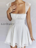 Girlfairy White Short Seleeve Lace Dress Women Satin Square Neck A Line Holiday Party Casual Summer