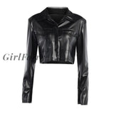 Girlfairy Winter Shoulder Pads Pu Faux Leather Jackets For Women Outerwear Black Cropped Coats