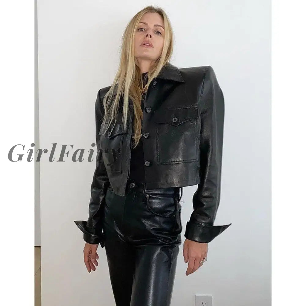Girlfairy Winter Shoulder Pads Pu Faux Leather Jackets For Women Outerwear Black Cropped Coats