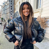 Girlfairy Winter Thick Warm Short Parkas Women Fashion Black Pu Leather Coats Women Hot Elegant Zipper Cotton Jackets Female Traf For 2023