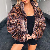 Girlfairy Winter Womens Leopard Parkas Print Jacket High Collar Warm Short Cotton-Padded Clothes