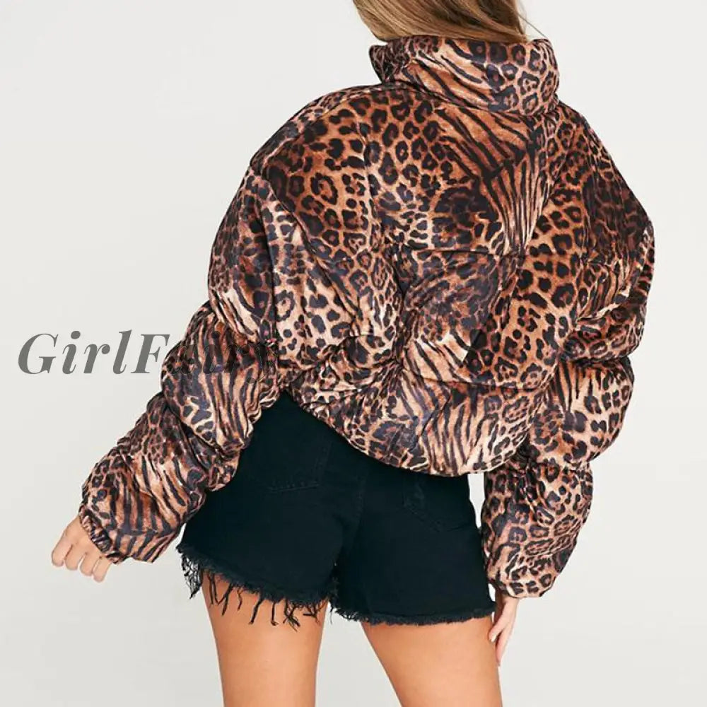 Girlfairy Winter Womens Leopard Parkas Print Jacket High Collar Warm Short Cotton-Padded Clothes