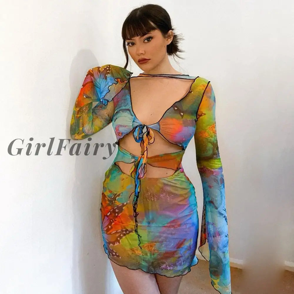 Girlfairy Woman Cut Out V-Neck Long Sleeve Bodycon Top Butterfly Print Graffiti Skinny Mini Skirt