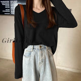 Girlfairy Woman Fashion Sweater Spring Autumn 2023 Knitted V-Neck Solid Pullovers Vintage Long