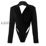Girlfairy Women 2023 Bodysuits Spring Fashion Sexy Bodycon Black Long Sleeve Hollow Out Suit V Neck