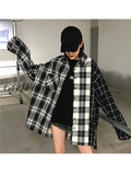 Girlfairy Women Autumn Winter Contrast Color Vintage Classic Plaid  Over-shirt Turn-down Collar Patchwork Blouses Baggy Long Sleeve Shirt