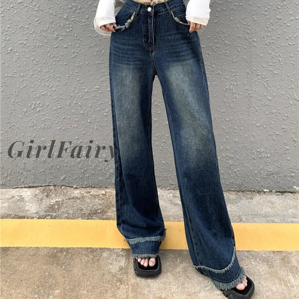 Girlfairy Women Baggy Harajuku Y2K Jeans Gothic Denim Wide Leg Pants Long Trousers Streetwear Korean