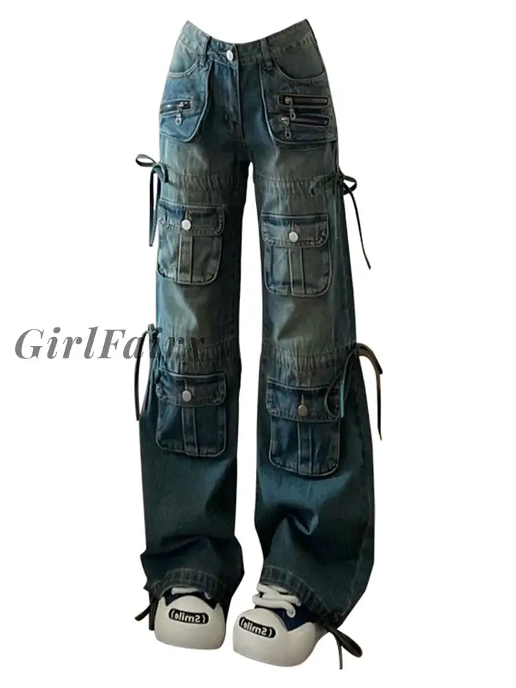 Girlfairy Women Bf Style Y2K Streetwear Harajuku Baggy Multi-Pocket Blue Denim Cargo Pants Low