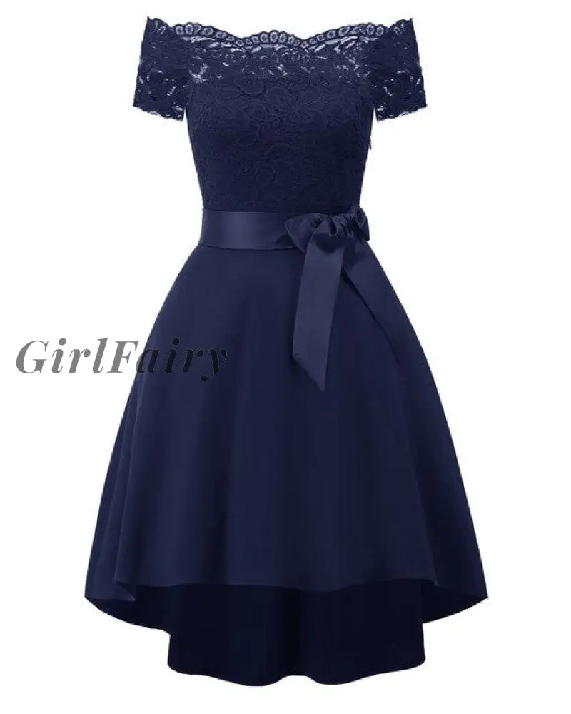 Girlfairy Women Black Strapless Classy Lace Dress Sashes Evening Dinner Party Retro Off Shoulder