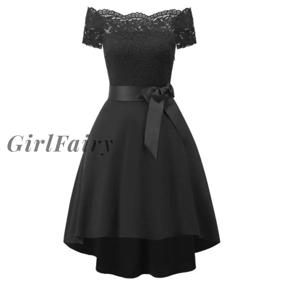 Girlfairy Women Black Strapless Classy Lace Dress Sashes Evening Dinner Party Retro Off Shoulder