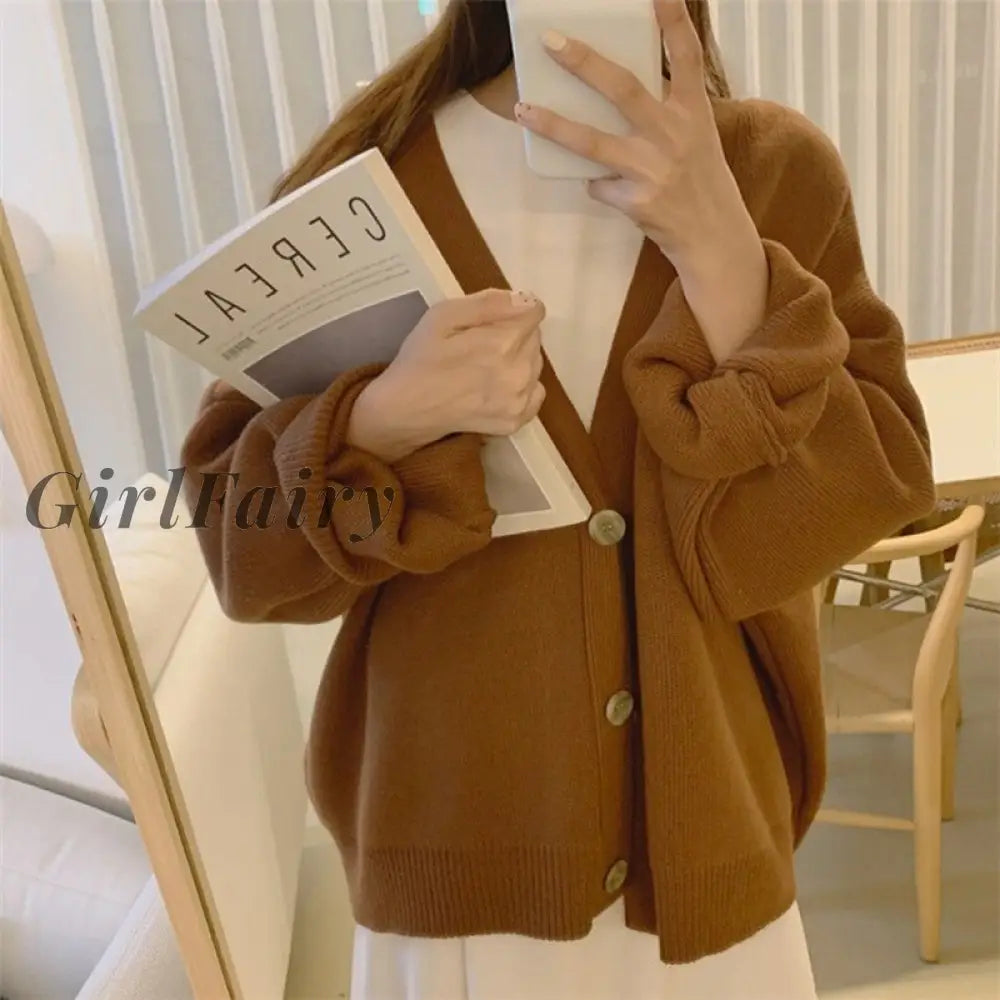Girlfairy Women Cardigans Sweaters Winter V-Neck Buttons Knitted Cardigan Ladies Coat Vintage