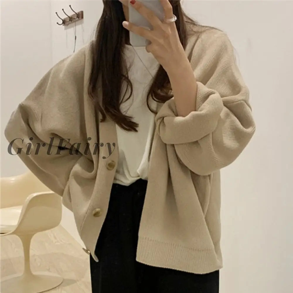 Girlfairy Women Cardigans Sweaters Winter V-Neck Buttons Knitted Cardigan Ladies Coat Vintage