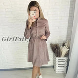Girlfairy Women Casual Knee Dress Ruffle Long Sleeve O Neck Solid Button Dress 2023 Autumn Winter New Fashion Elegant A-Line Party Dresses