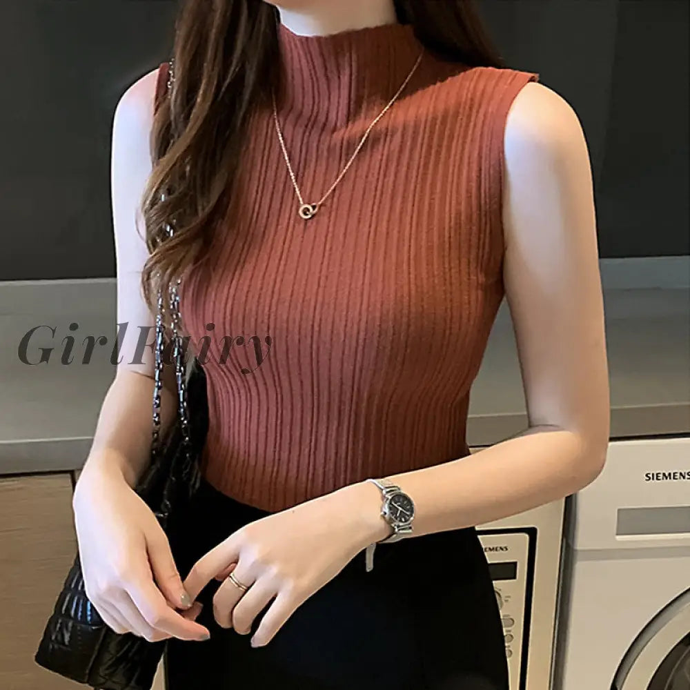 Girlfairy Women Casual Knitted Vest Solid Color Sleeveless Half High Collar Slim Base Shirt Sexy