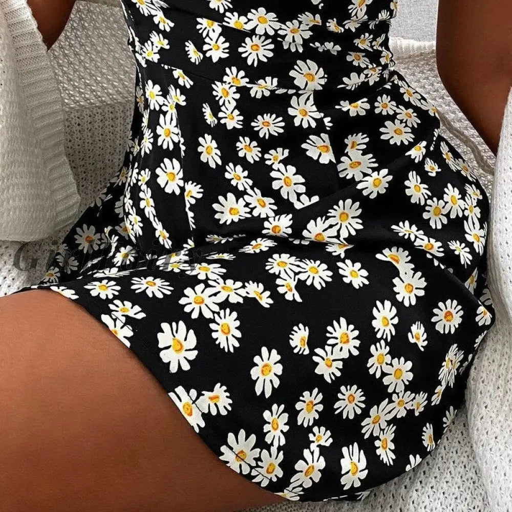 Girlfairy Women Casual Simple Dress Sexy Floral Print Spaghetti Straps Sleeveless Holiday Style High