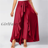 Girlfairy Women Chiffon Pants Causal Ruffle Irregular High Waist Palazzo Autumn Female Solid Color