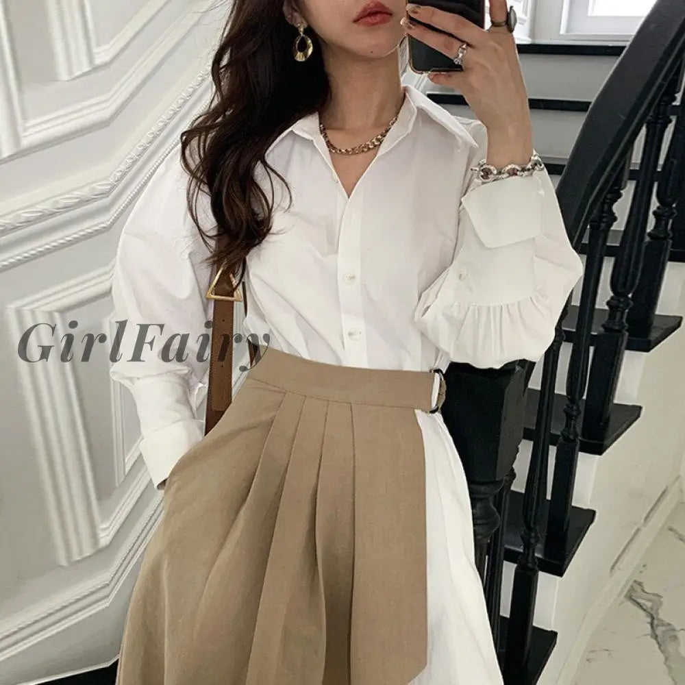 Girlfairy Women Clothes White Party Dress Office Irregular Shirt Elegant Long Sleeve Female Pleated